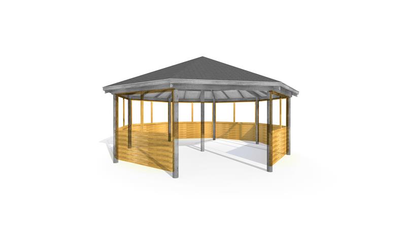 Technical render of a 7.5M Octagonal Gazebo Clad and Glazed Sides
